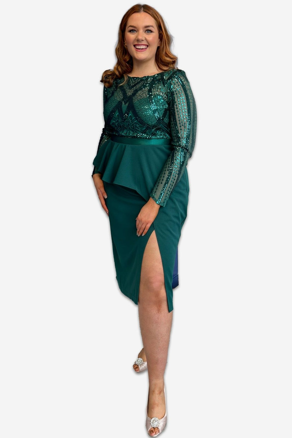 Emerald Sequin Bodice with Front Frill Plus Size Midi Dress - Curvy Chic Boutique