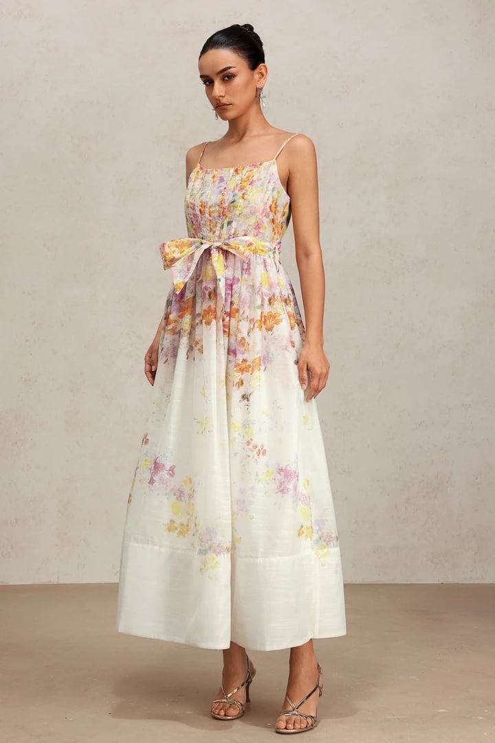 Floral midi dress side view showing A-line silhouette