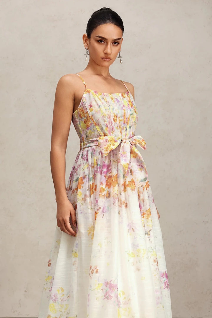 Floral midi dress side view showing A-line silhouette