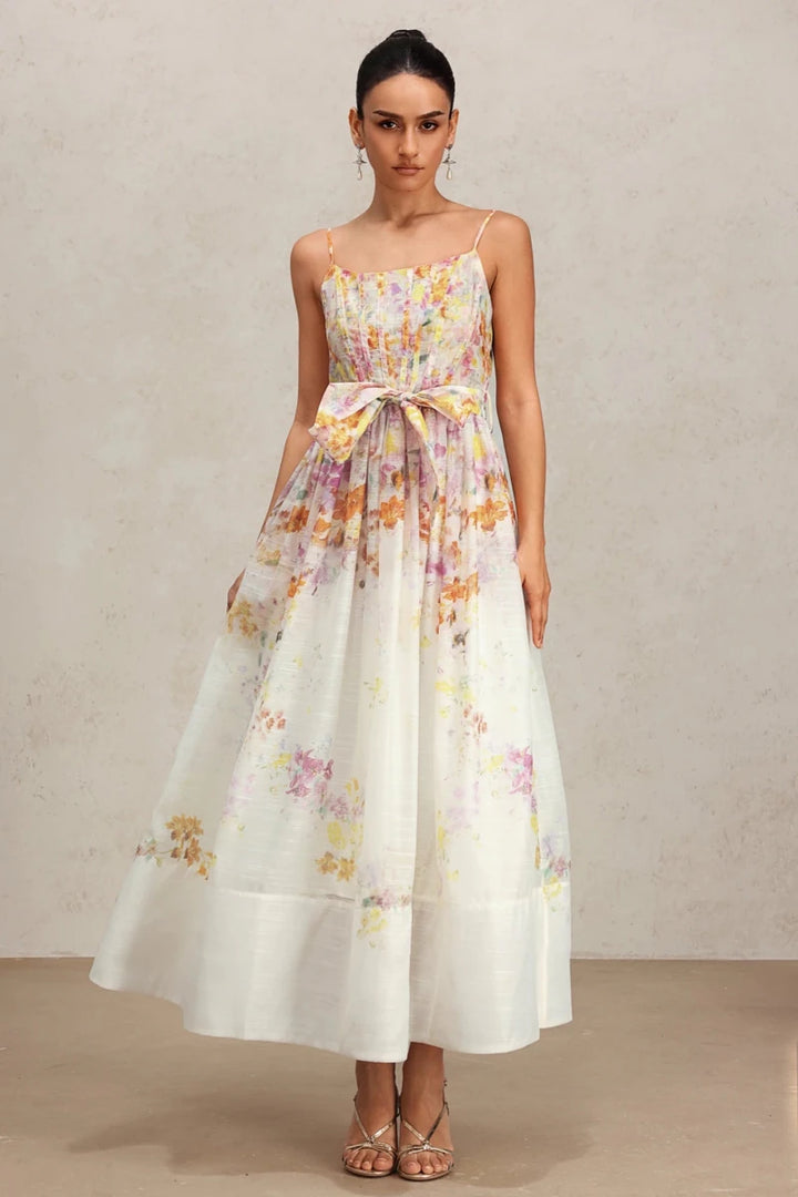 Floral A-line midi dress front view with bow waist detail