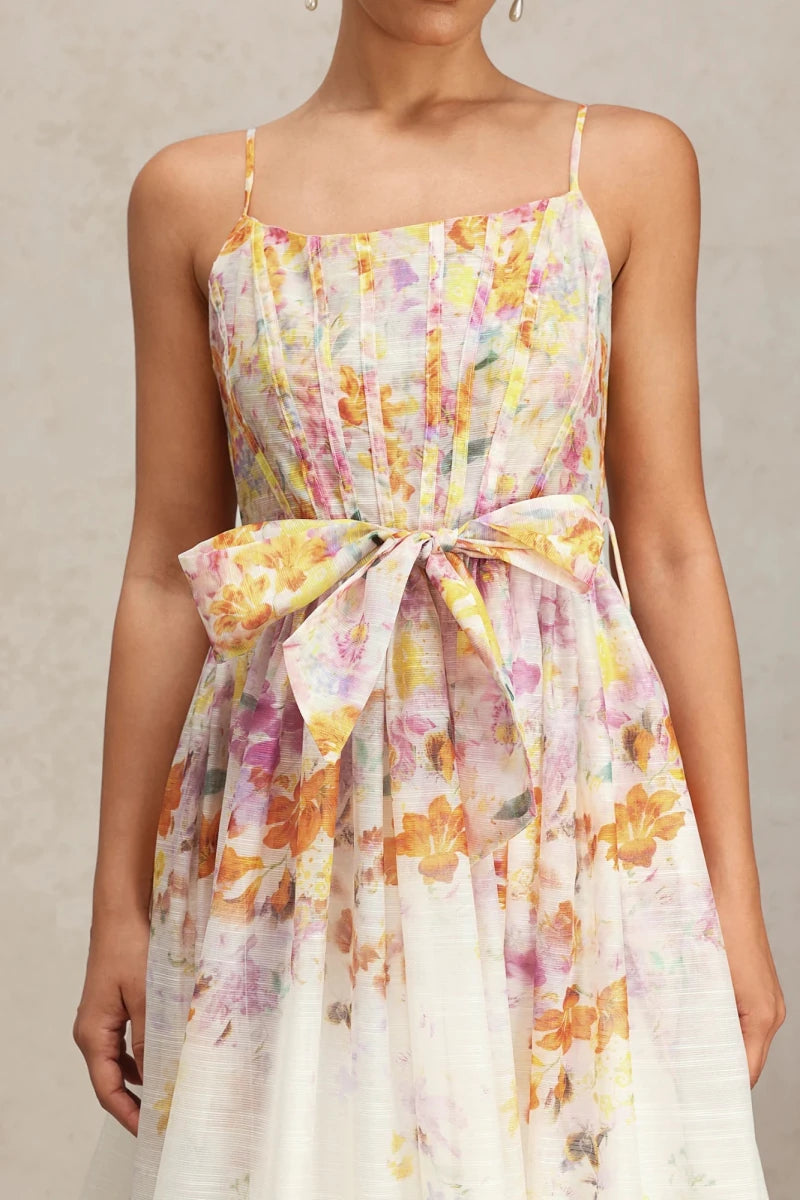 Close up of bow waist detail on floral dress