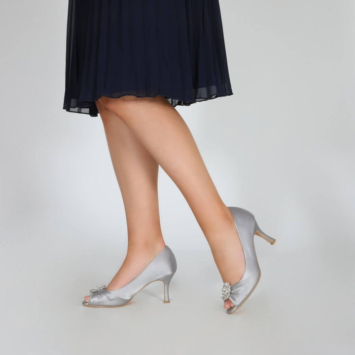 Gina Silver Satin Peep Toe Heels | Perfect Bridal Company - Curvy Chic Boutique