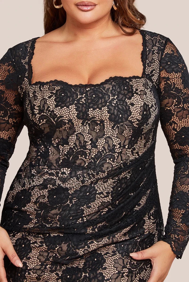 knee length dresses for ladies Wholesale Scalloped Lace & Velvet Maxi Dress – City Goddess main image 0