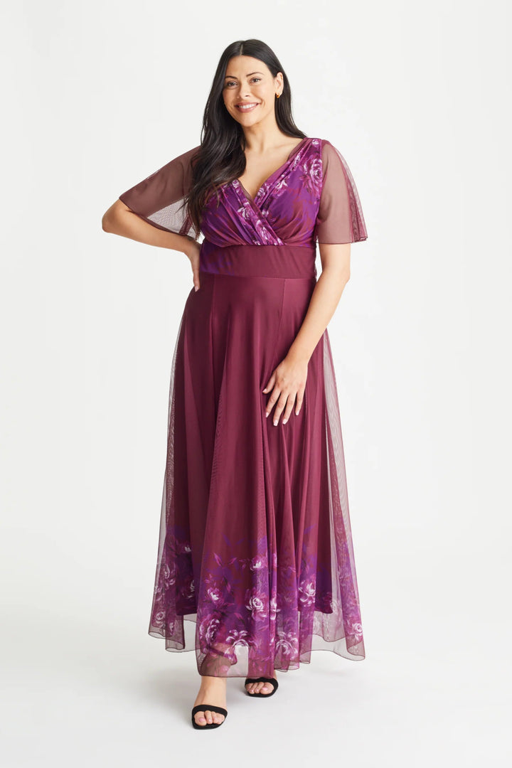 Isabelle Magenta Border Floral Float Sleeve Maxi Dress - Curvy Chic Boutique