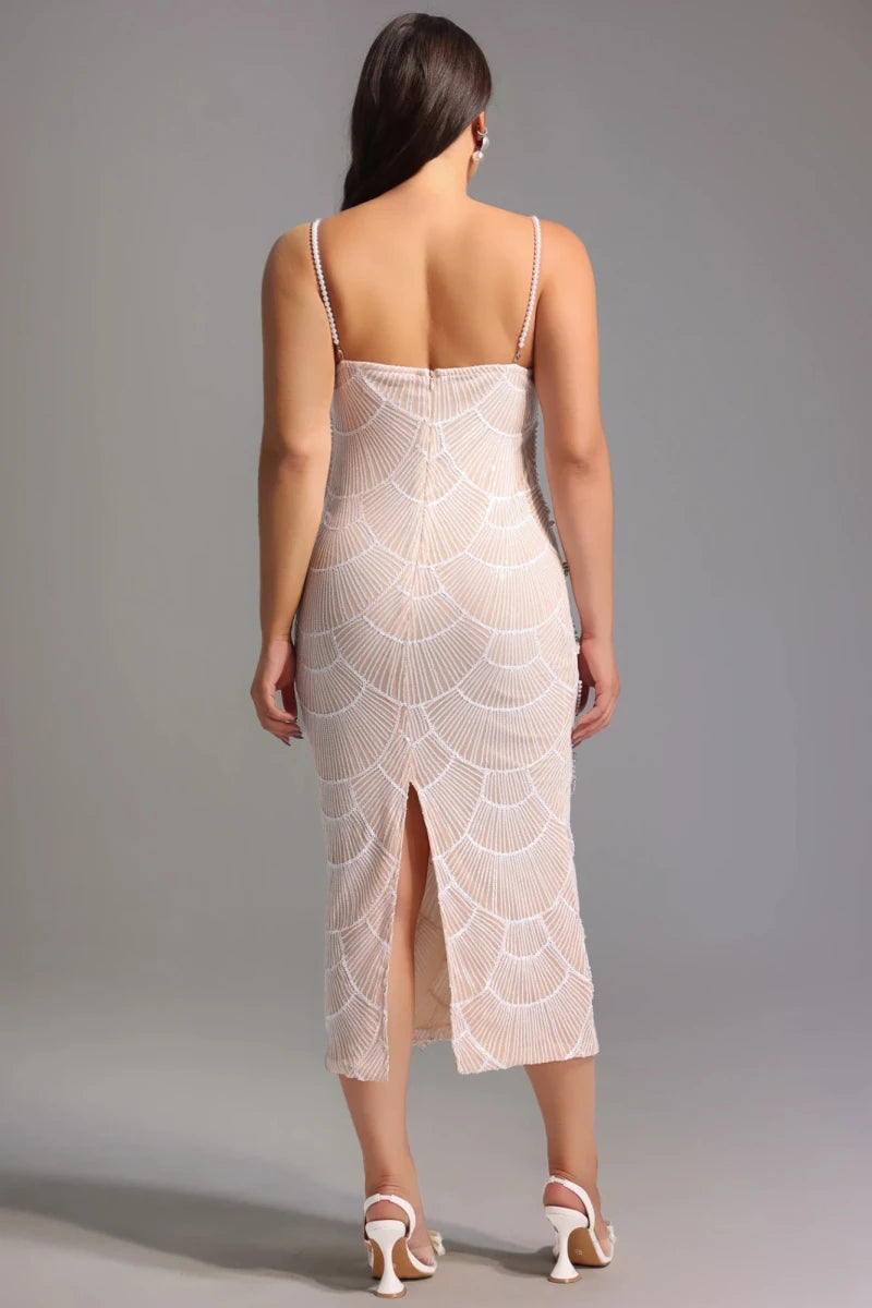 Back view of ivory beaded midi dress with slim straps