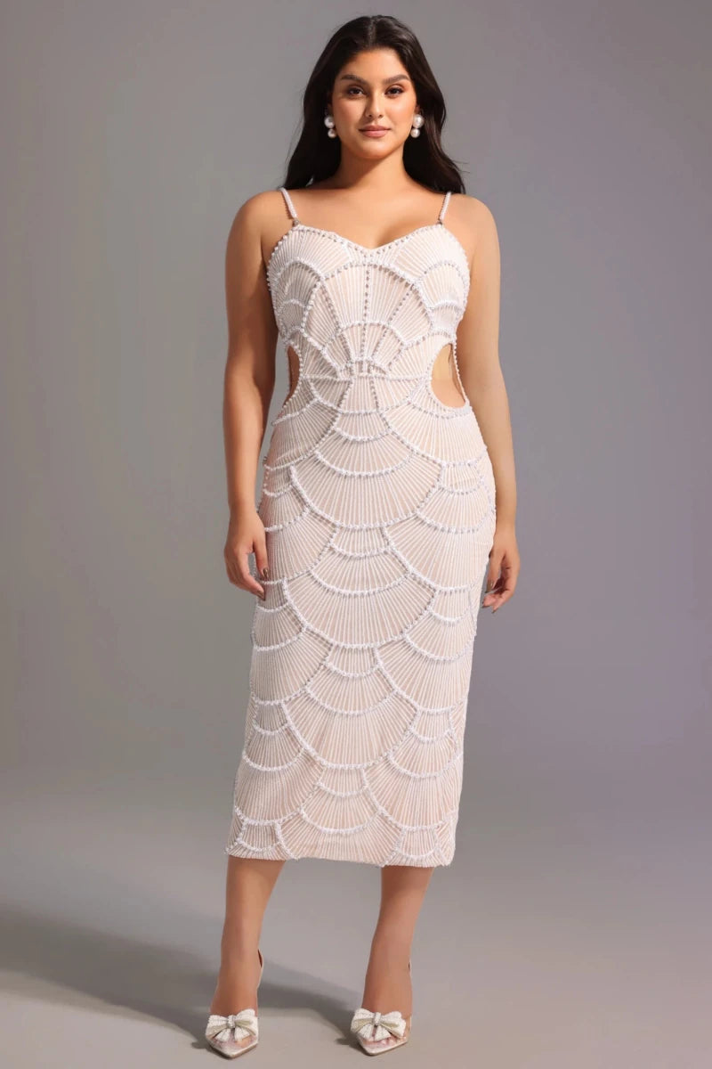 Ivory beaded midi dress front view with waist cut-out detail