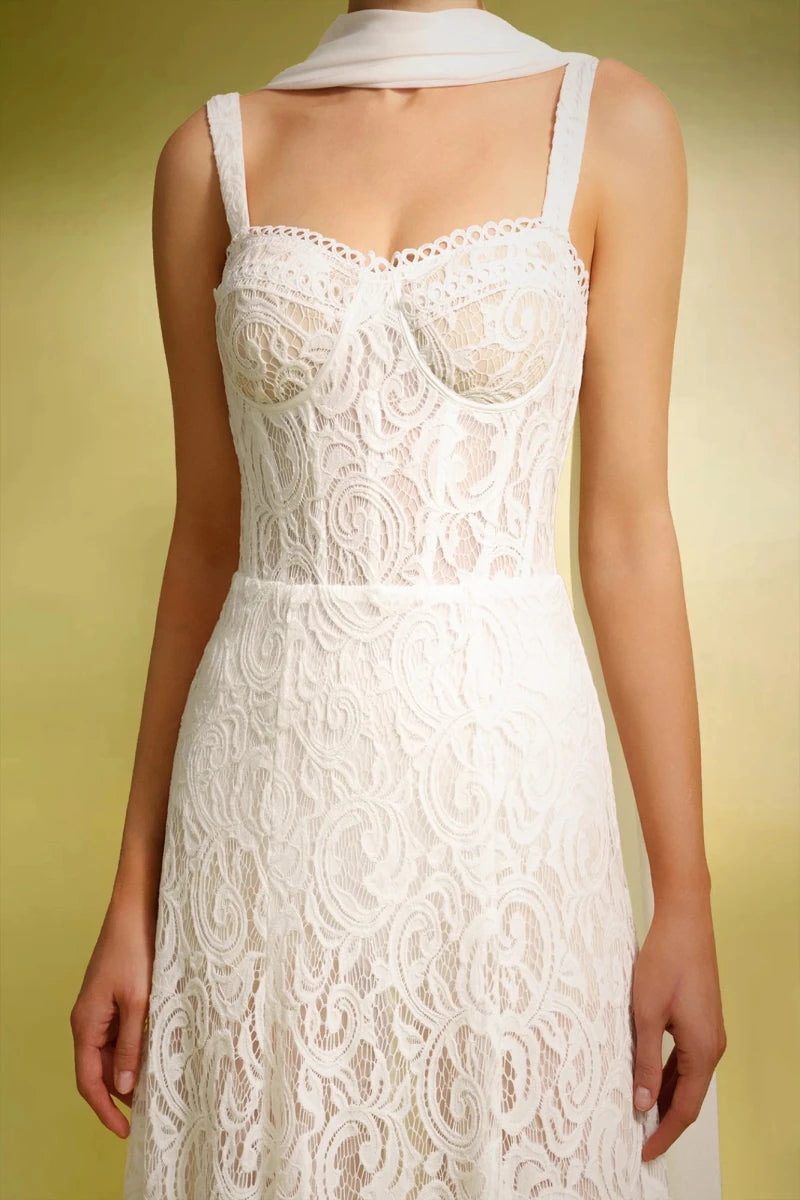 Ivory Lace Bridal Midi Dress with Straps and Chiffon Scarf Detail Rebecca James Boutique | Rebecca James (formerly Curvy Chic Boutique) Belfast