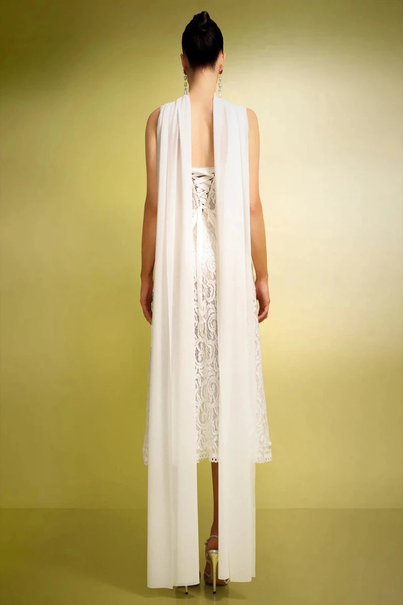 Ivory Lace Bridal Midi Dress with Straps and Chiffon Scarf Detail Rebecca James Boutique | Rebecca James (formerly Curvy Chic Boutique) Belfast