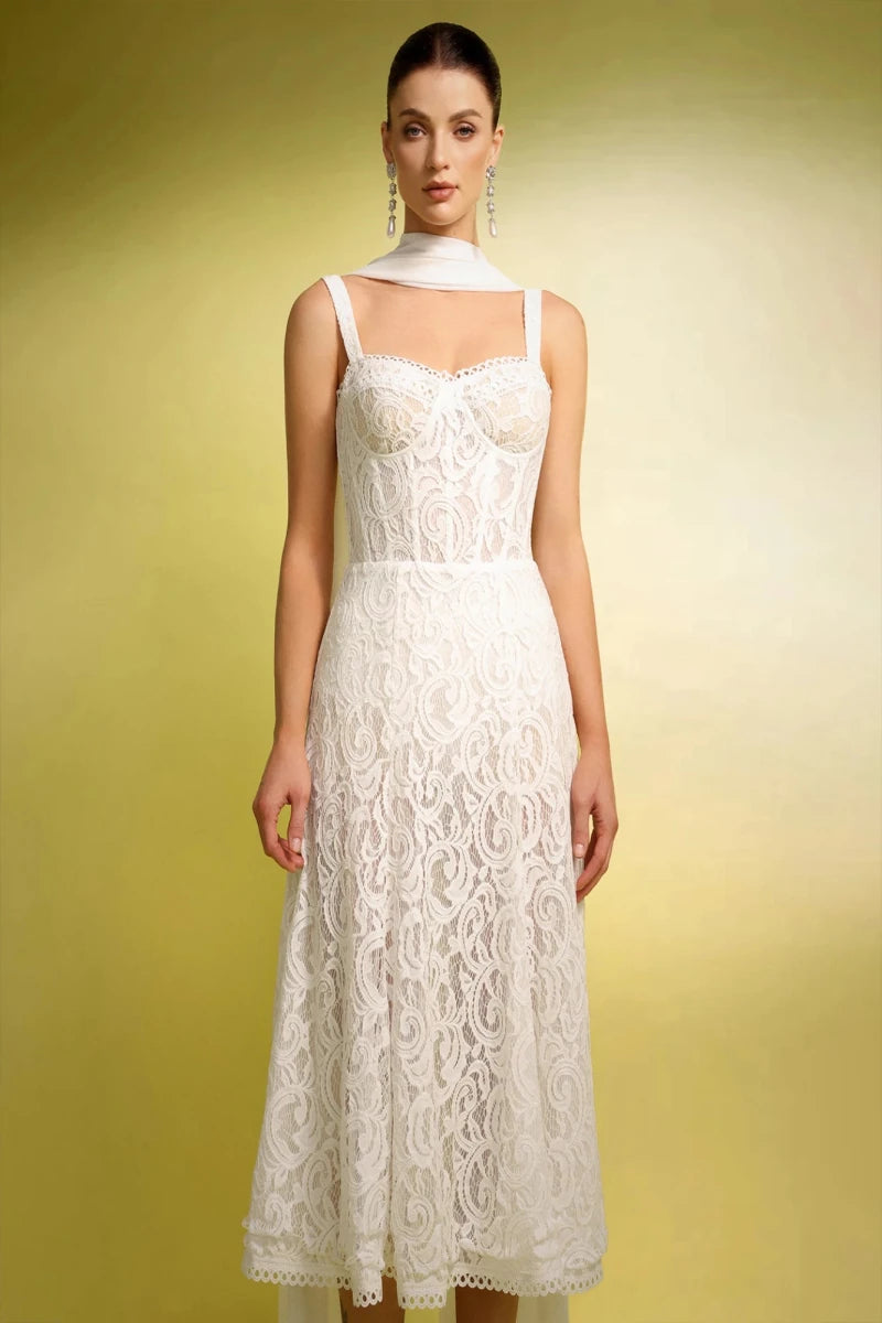 Ivory Lace Bridal Midi Dress with Straps and Chiffon Scarf Detail Rebecca James Boutique | Rebecca James (formerly Curvy Chic Boutique) Belfast