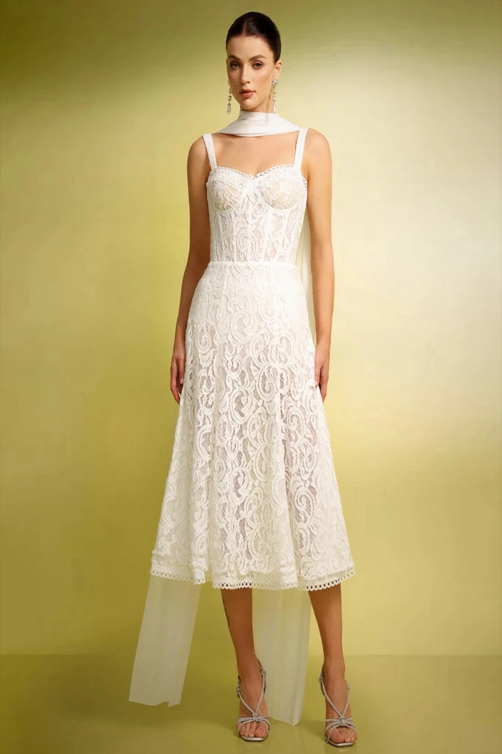 White Ivory Lace Bridal Midi Dress with Straps and Chiffon Scarf Detail by Bella Barnett