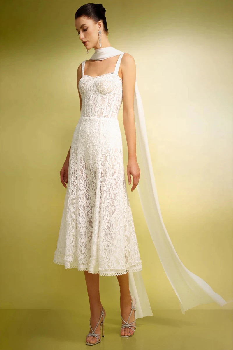 Ivory Lace Bridal Midi Dress with Straps and Chiffon Scarf Detail Rebecca James Boutique | Rebecca James (formerly Curvy Chic Boutique) Belfast