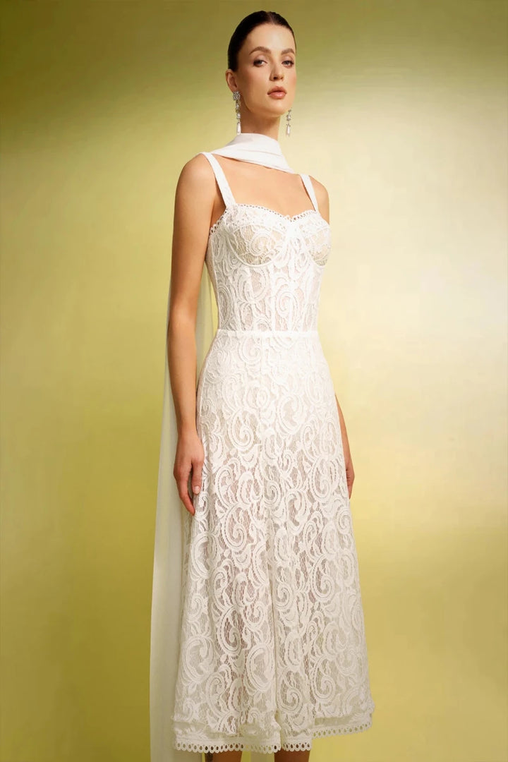 Ivory Lace Bridal Midi Dress with Straps and Chiffon Scarf Detail Rebecca James Boutique | Rebecca James (formerly Curvy Chic Boutique) Belfast