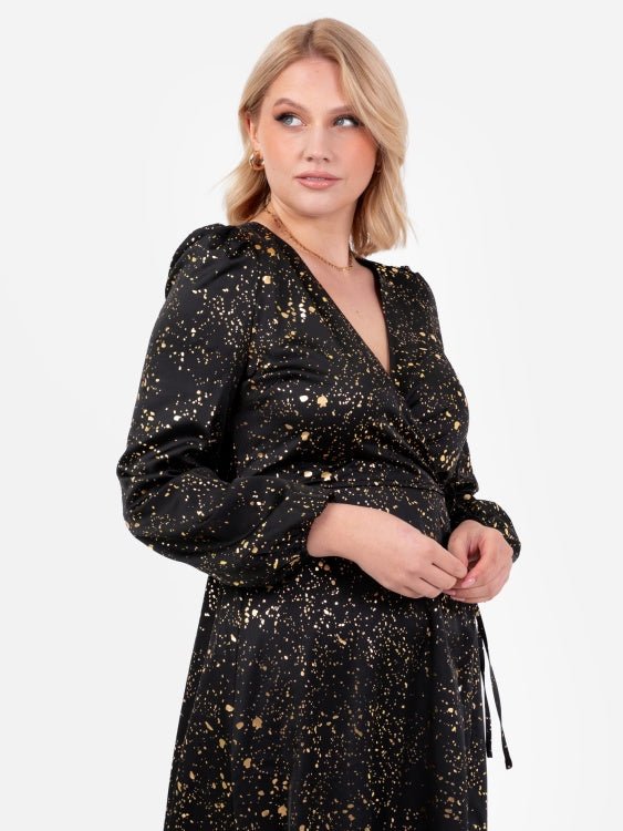 Lovedrobe Black Faux Wrap Midi Dress With Gold Detail - Curvy Chic Boutique