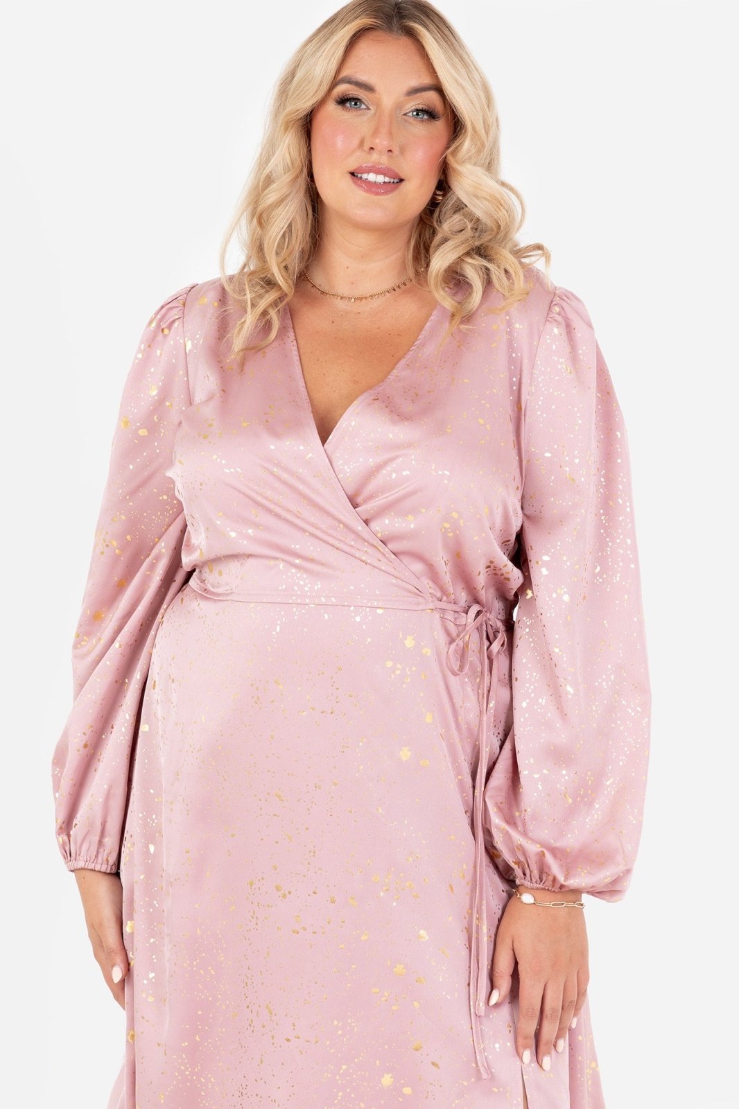 Lovedrobe Blush Pink Faux Wrap Midi Dress With Gold Detail - Curvy Chic Boutique