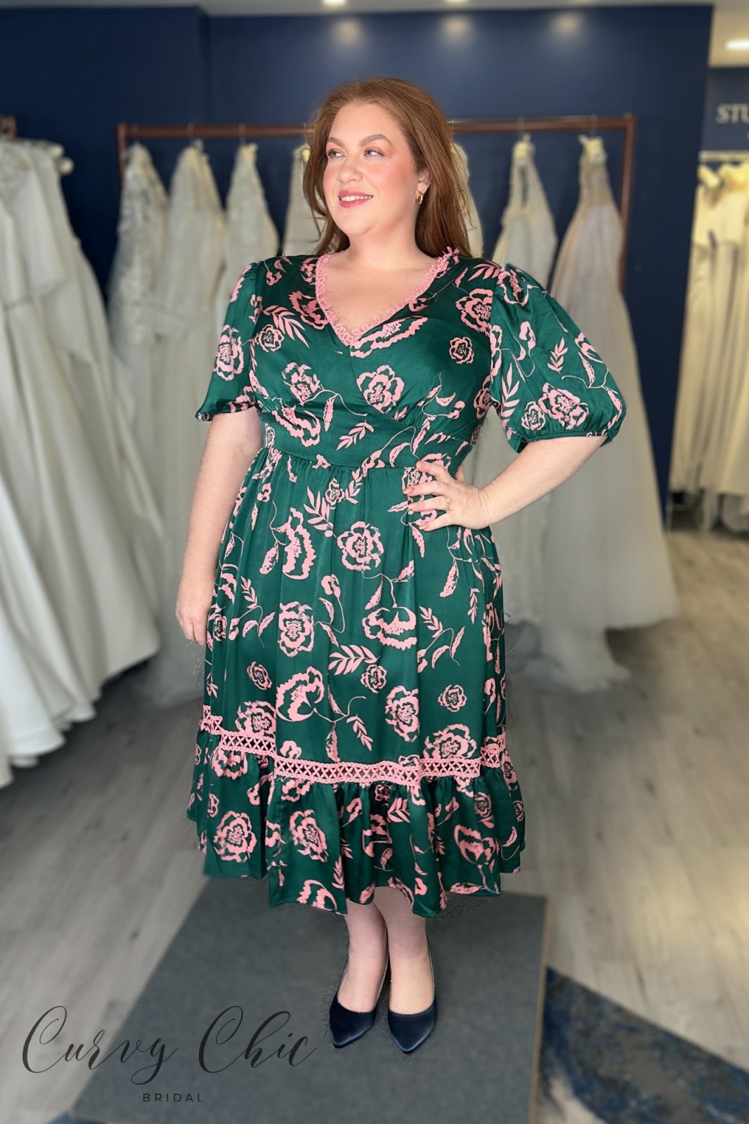 Lovedrobe Green & Pink Floral Midi Dress with Lace Trim - Curvy Chic Boutique