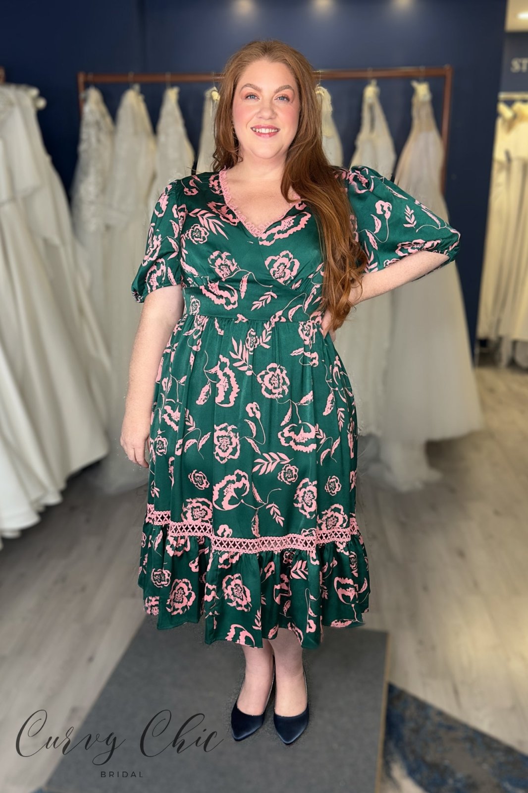 Lovedrobe Green & Pink Floral Midi Dress with Lace Trim - Curvy Chic Boutique