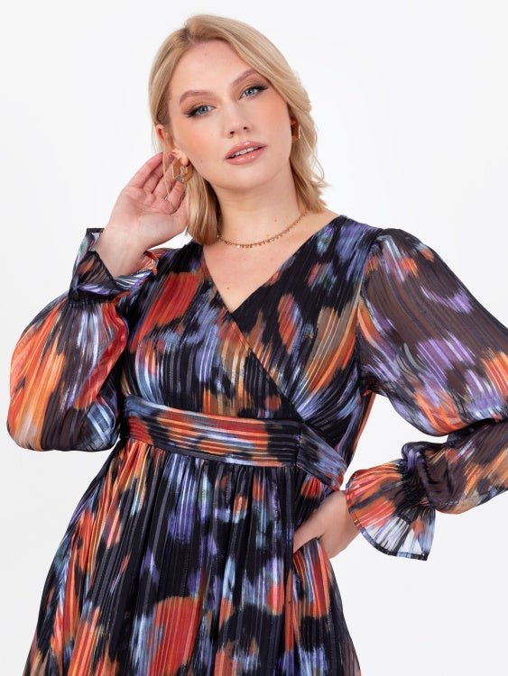 Lovedrobe Purple And Orange Faux Wrap Long Sleeve Maxi Dress - Curvy Chic Boutique