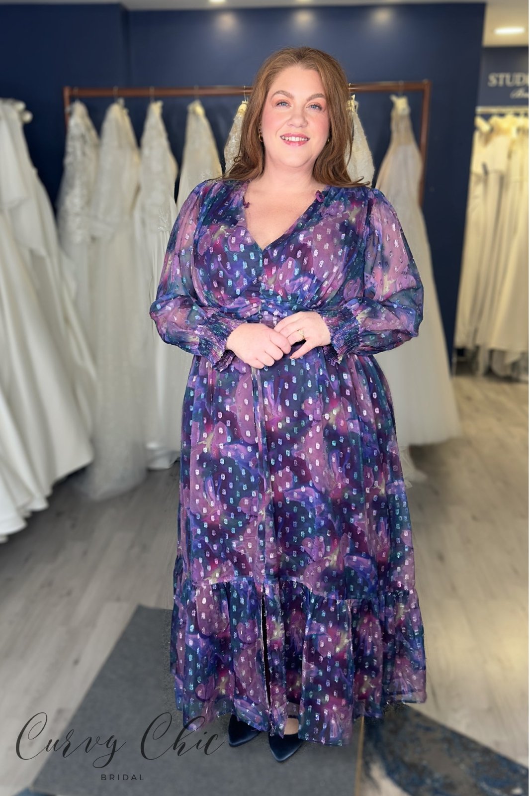 Lovedrobe Purple Long Sleeve Midi Dress With Silver Dobby Detail - Curvy Chic Boutique