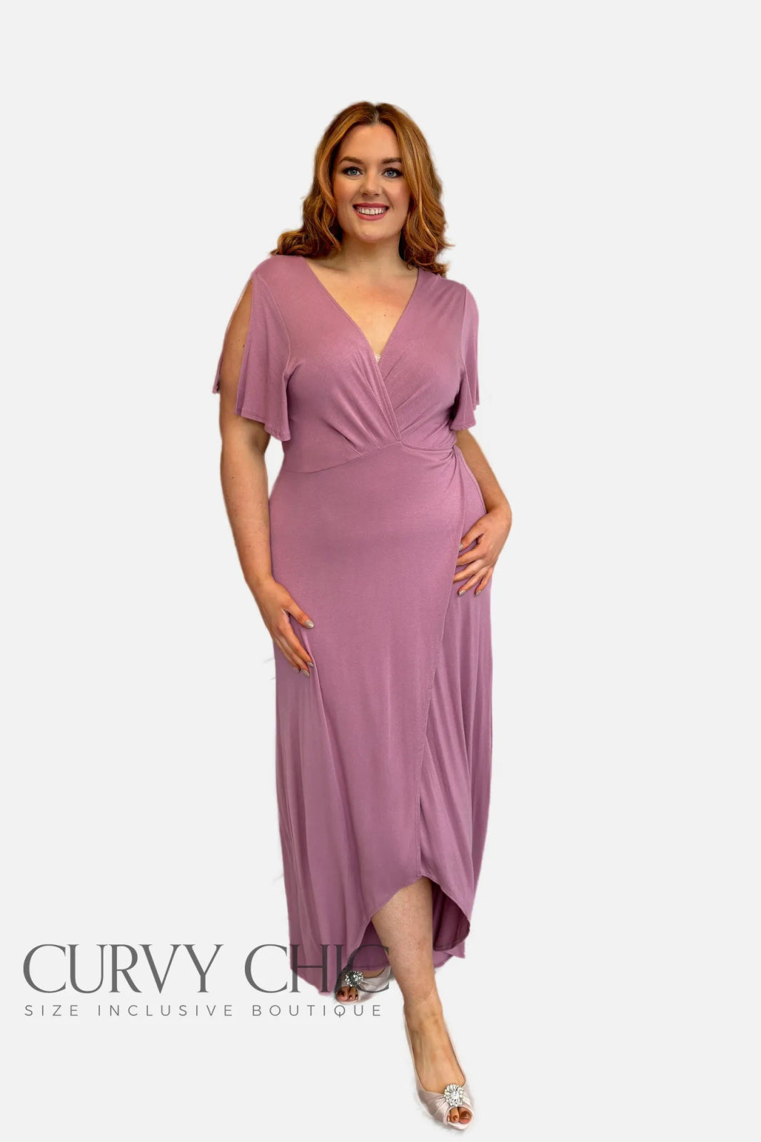 Mauve Plus Size Wrap Style Maxi Hi - Low Jersey Dress - Curvy Chic Boutique