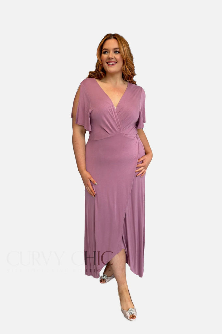 Mauve Plus Size Wrap Style Maxi Hi - Low Jersey Dress - Curvy Chic Boutique