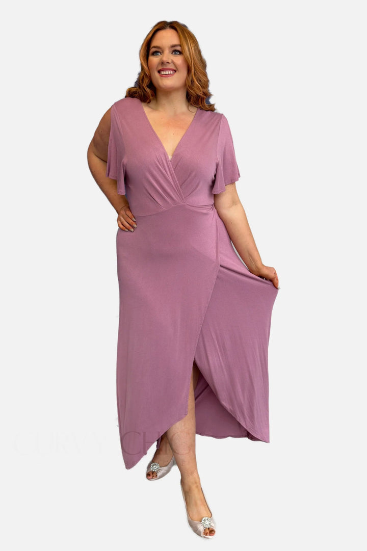 Mauve Plus Size Wrap Style Maxi Hi - Low Jersey Dress - Curvy Chic Boutique