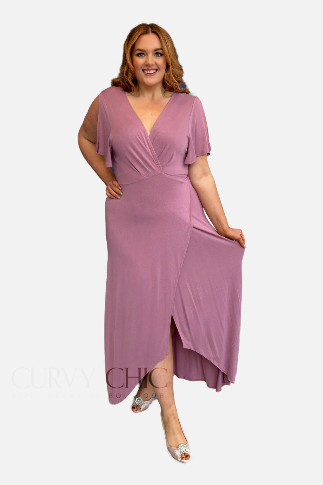Mauve Plus Size Wrap Style Maxi Hi - Low Jersey Dress - Curvy Chic Boutique