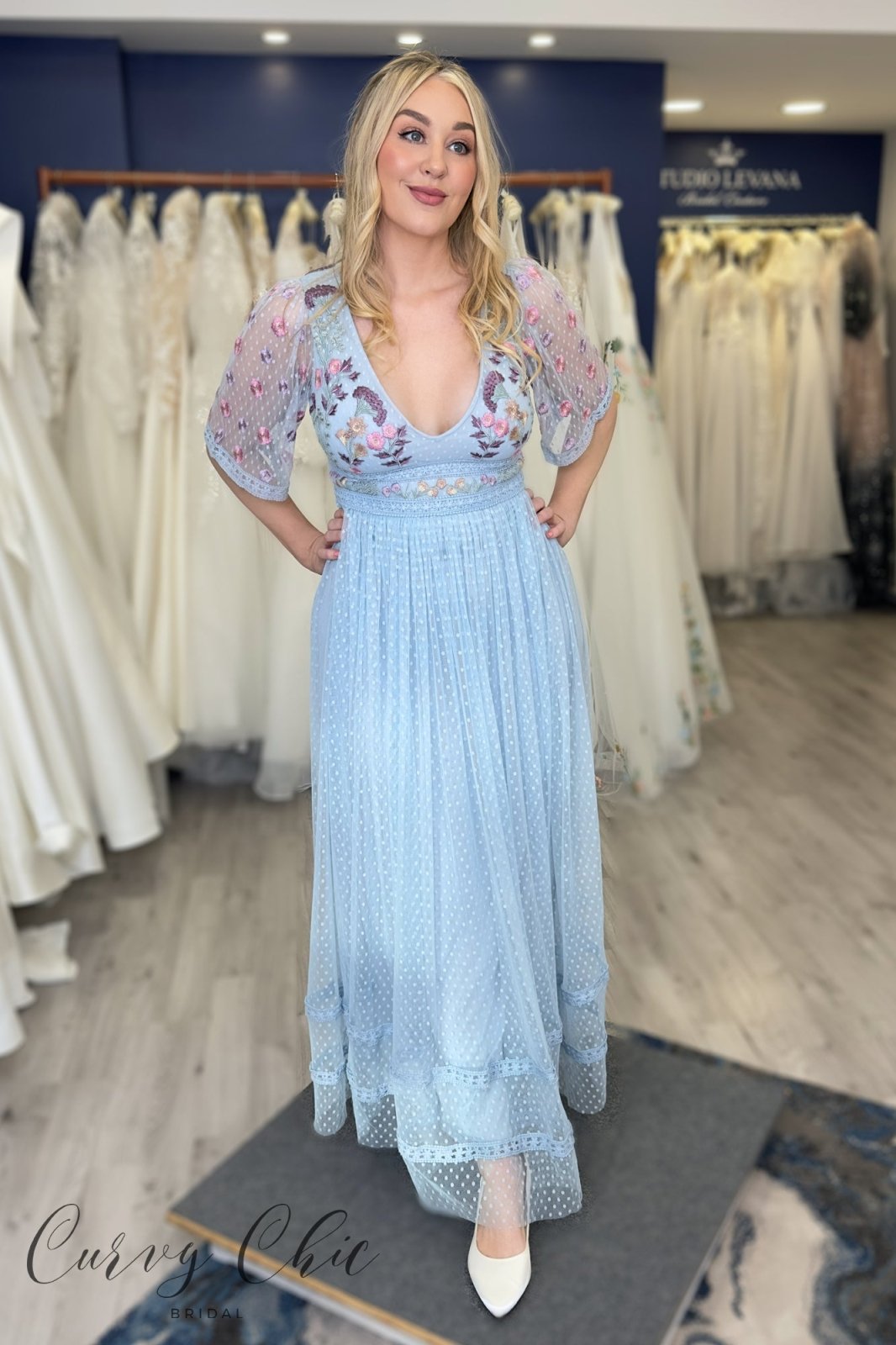 Maya Baby Blue Embroidered Spot Mesh Maxi Dress with Keyhole Back - Curvy Chic Boutique