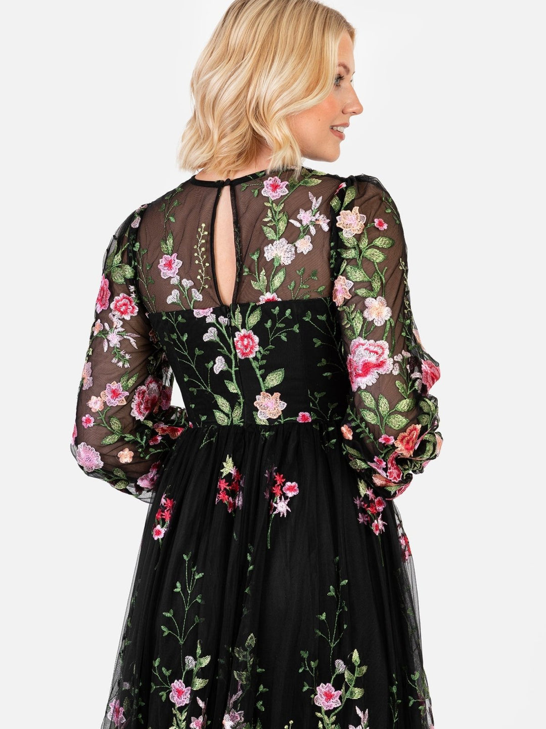 Maya Black Floral Embroidered Blouson Sleeve Maxi Dress - Curvy Chic Boutique