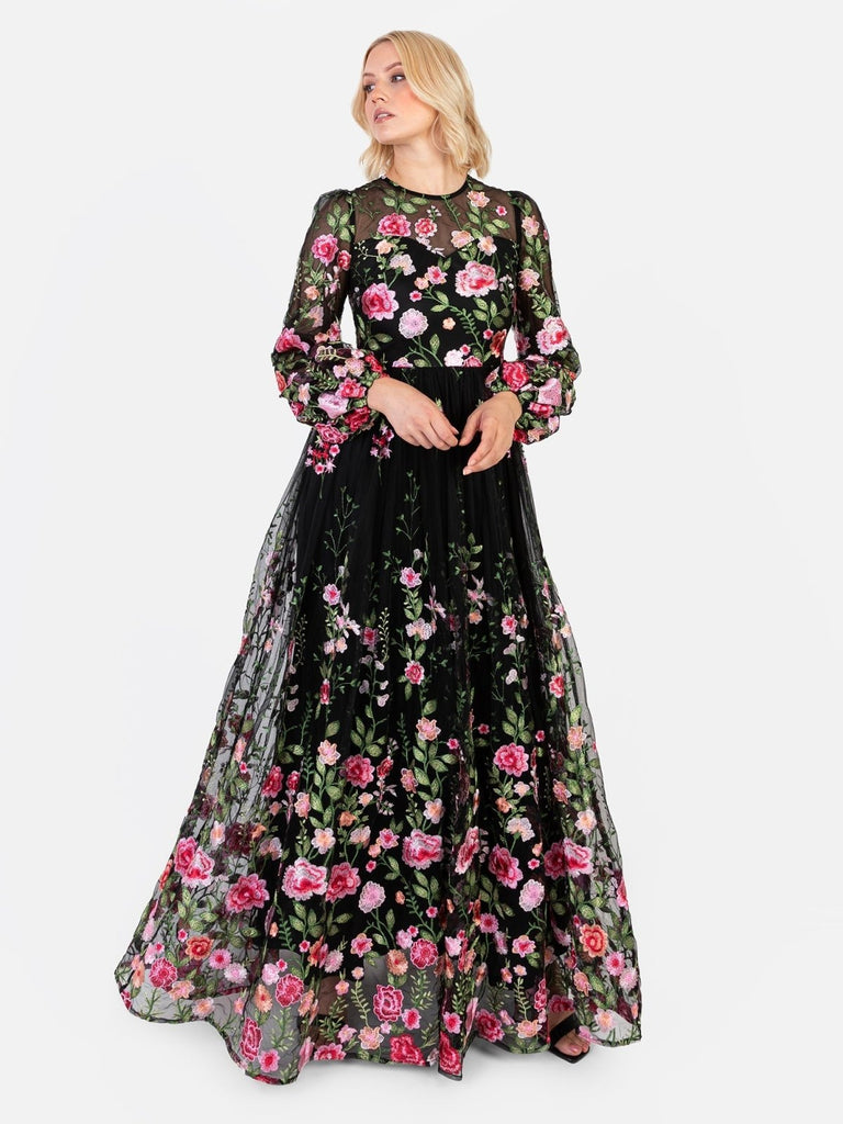 Maya Black Floral Embroidered Blouson Sleeve Maxi Dress