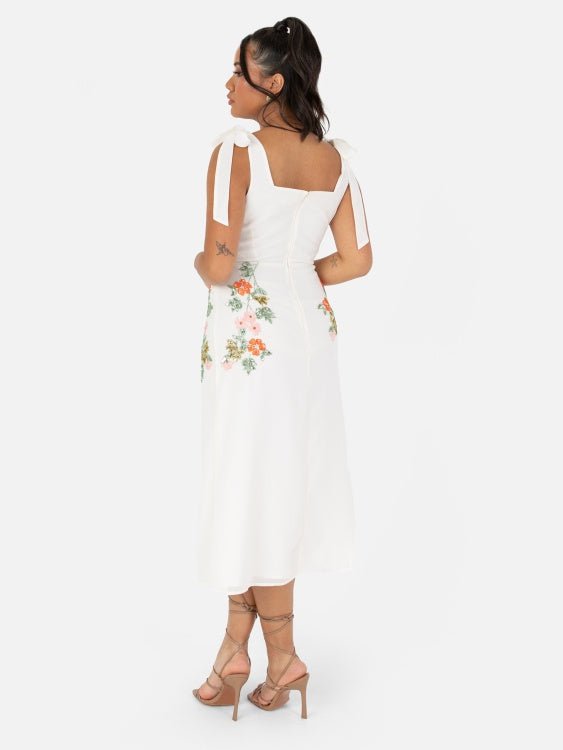 Maya Cream Tie-Shoulder Strappy Embellished Midi Dress - Curvy Chic Boutique