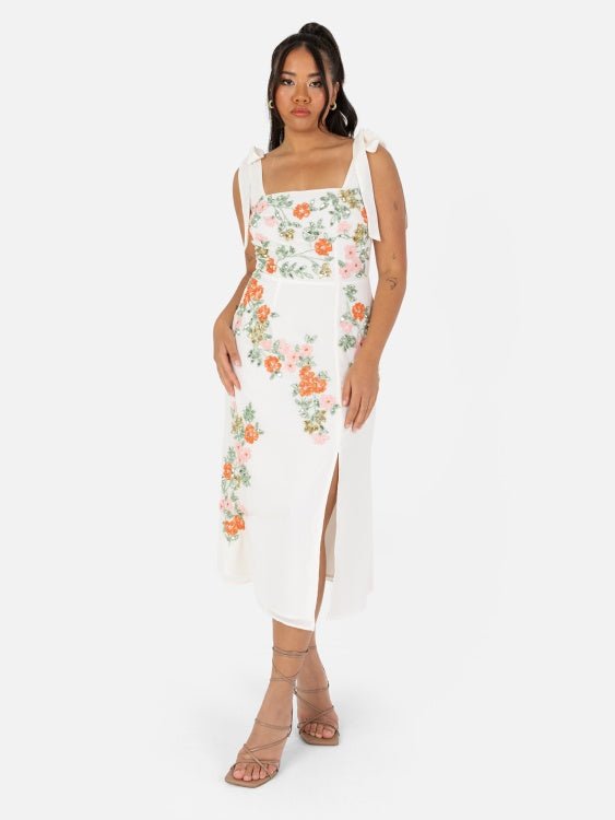 Maya Cream Tie-Shoulder Strappy Embellished Midi Dress - Curvy Chic Boutique