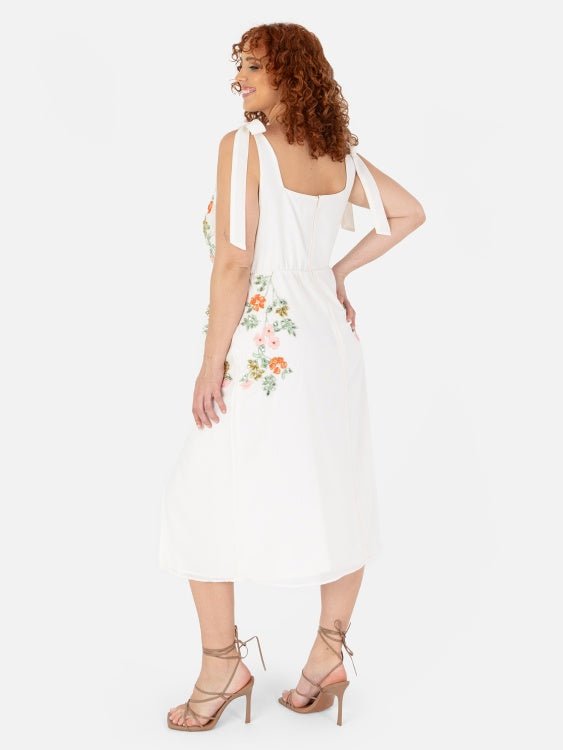 Maya Cream Tie-Shoulder Strappy Embellished Midi Dress - Curvy Chic Boutique