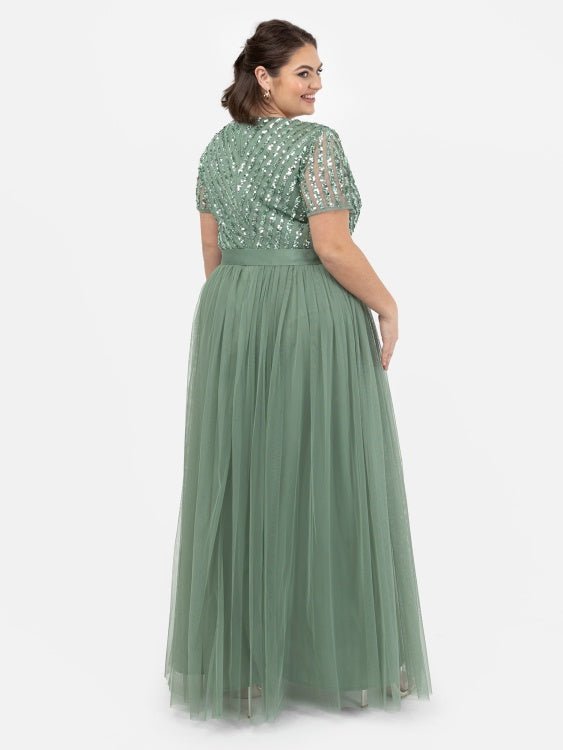 Maya Dark Sage Green Stripe Embellished Maxi Dress With Sash Belt - Curvy Chic Boutique