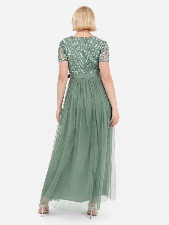 Maya Dark Sage Green Stripe Embellished Maxi Dress With Sash Belt - Curvy Chic Boutique