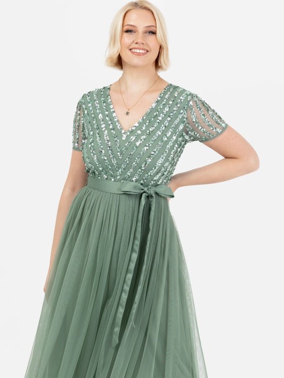 Maya Dark Sage Green Stripe Embellished Maxi Dress With Sash Belt - Curvy Chic Boutique