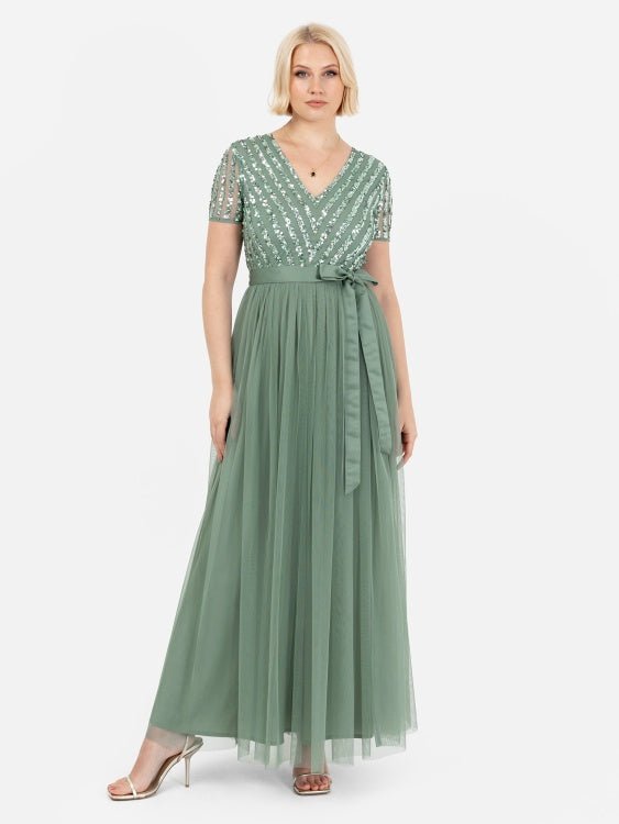 Maya Dark Sage Green Stripe Embellished Maxi Dress With Sash Belt - Curvy Chic Boutique