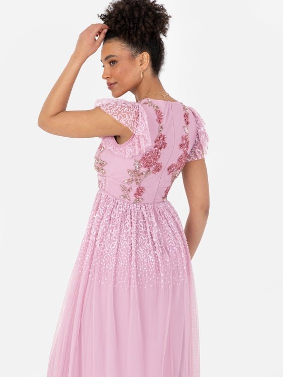 Maya Pink Rose Embellished Flutter Sleeve Maxi Dress - Curvy Chic Boutique