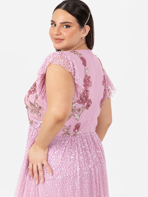 Maya Pink Rose Embellished Flutter Sleeve Maxi Dress - Curvy Chic Boutique