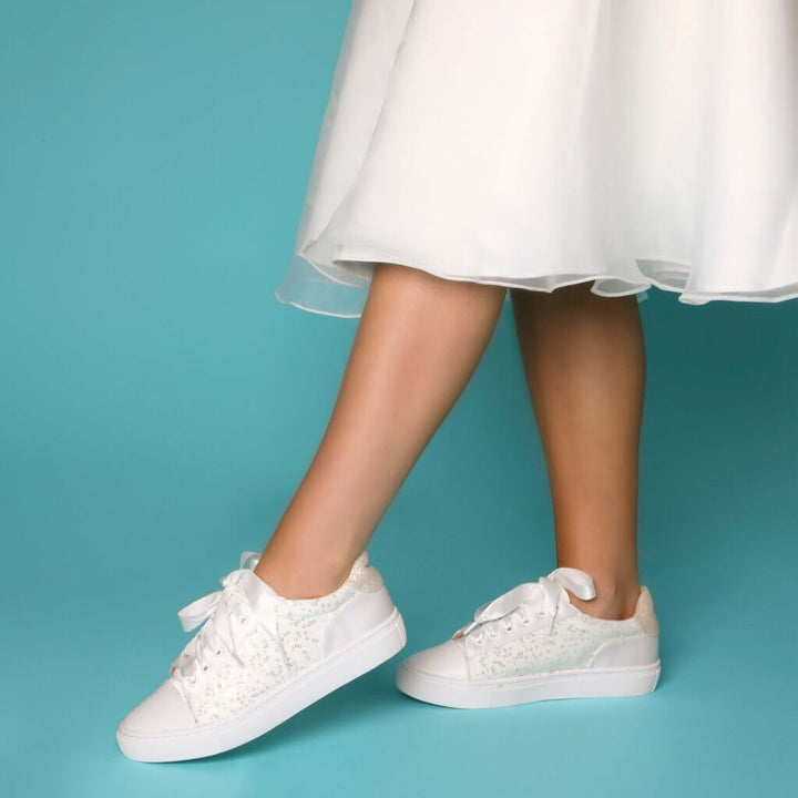 Nikki Ivory Sequin Detailed Bridal Trainers | Perfect Bridal Company - Curvy Chic Boutique