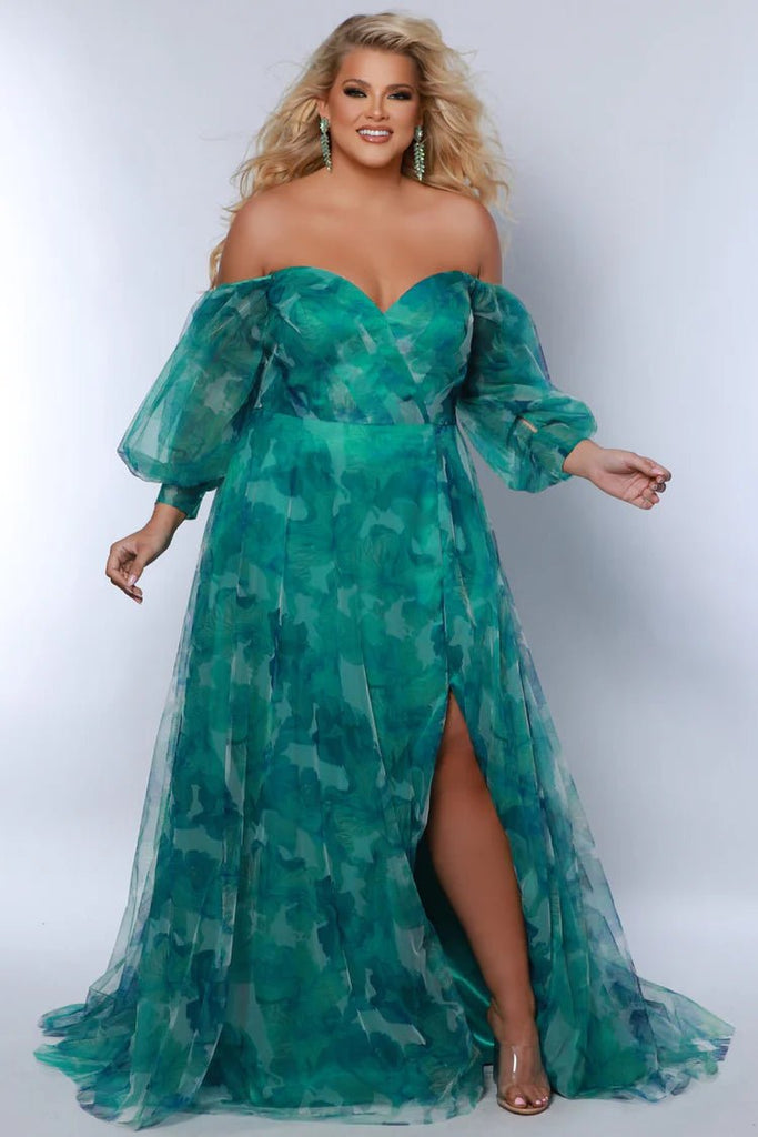 Off-the-Shoulder Green Floral Formal Dress
