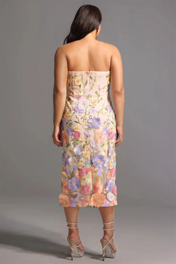 Pink embroidered midi dress back view sheer overlay