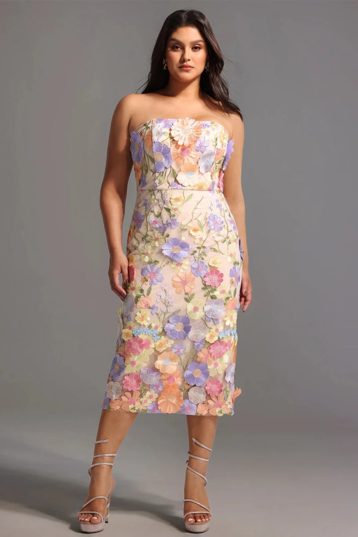 Strapless floral dress full length front pose