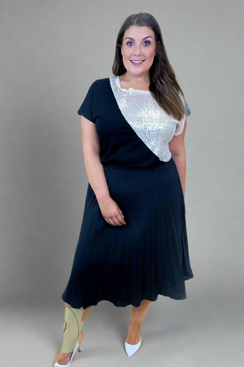 Pleated A - Line Plus size Black Midi Skirt, Workwear Party outfit | Brave Soul - Curvy Chic Boutique