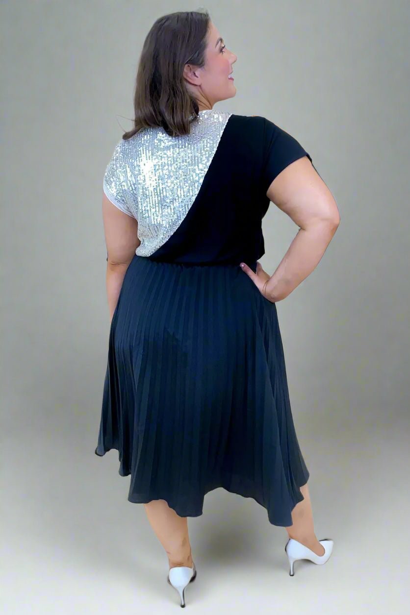 Pleated A - Line Plus size Black Midi Skirt, Workwear Party outfit | Brave Soul - Curvy Chic Boutique