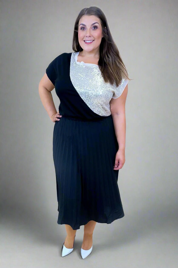 Pleated A - Line Plus size Black Midi Skirt, Workwear Party outfit | Brave Soul - Curvy Chic Boutique