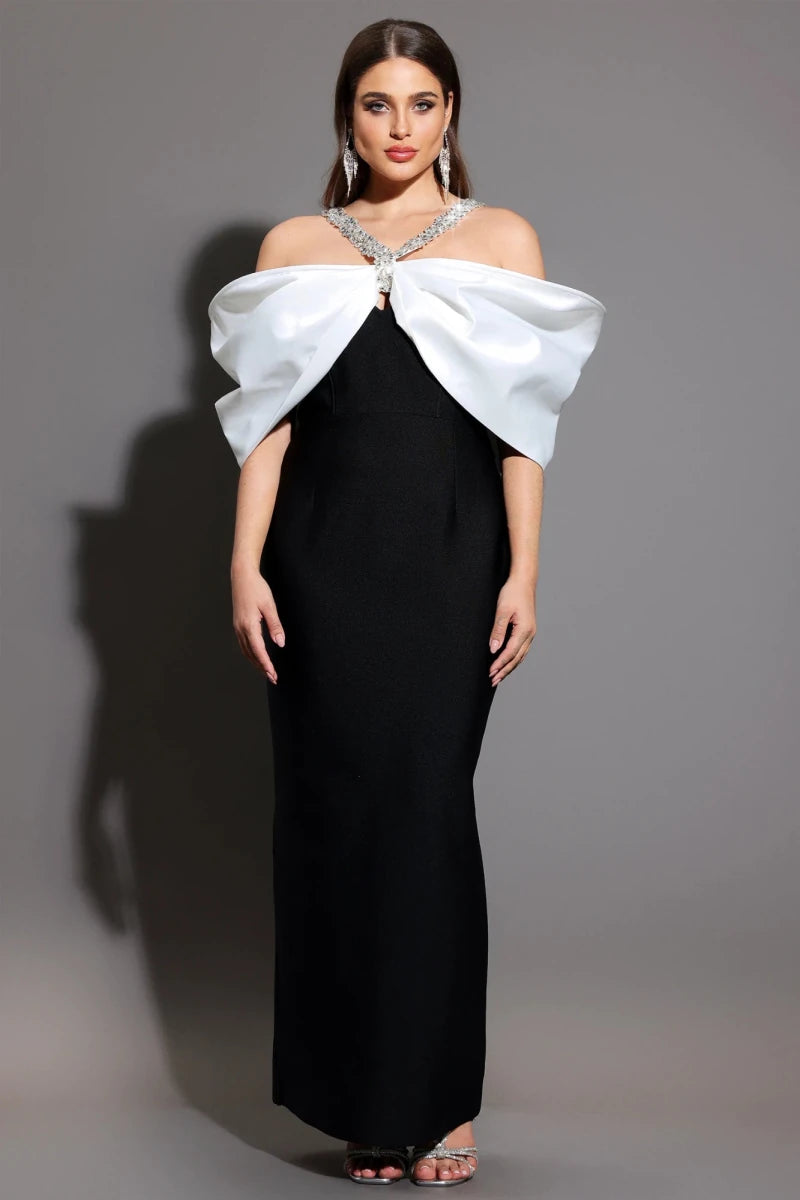 Black Plus Size Black Column Dress with Bardot Ivory Bow Detail by Bella Barnett