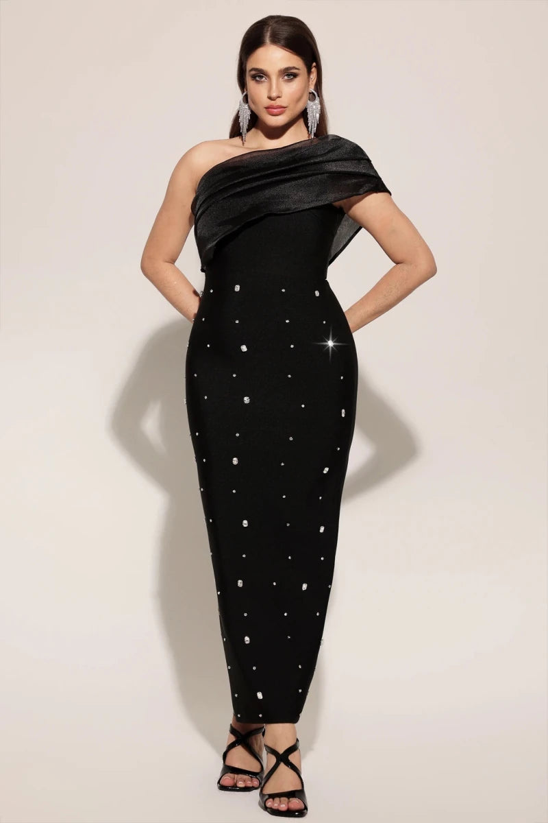 Black Plus Size Black One Shoulder Evening Dress with Crystal Detail by Bella Barnett