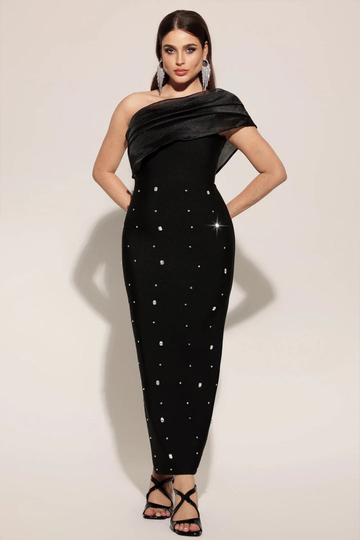 Black Plus Size Black One Shoulder Evening Dress with Crystal Detail by Bella Barnett