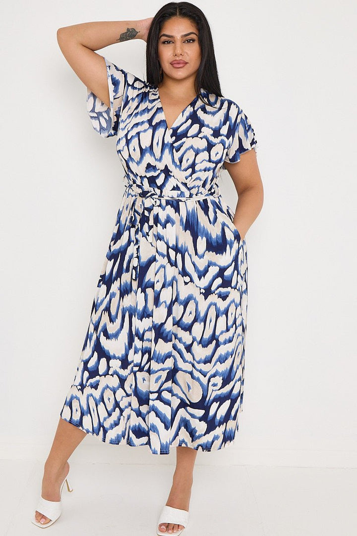 Plus Size Navy Printed Wrap Tie Waist Dress With Pockets - Curvy Chic Boutique