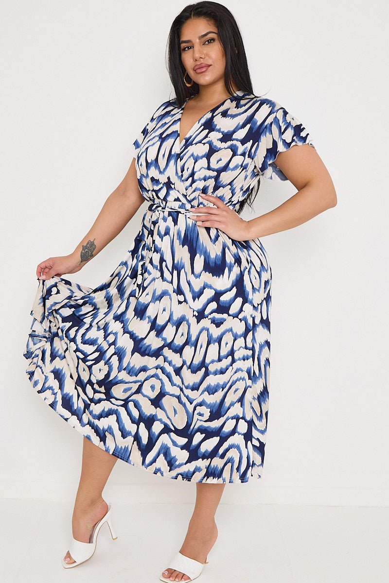 Plus Size Navy Printed Wrap Tie Waist Dress With Pockets - Curvy Chic Boutique